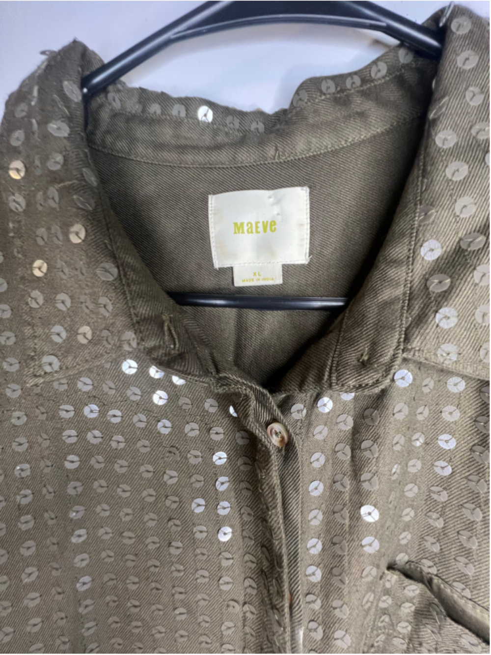 Maeve Anthropologie Olive Green Sequin Covered Oversized Long Sleeve Button Down - Picture 3 of 5